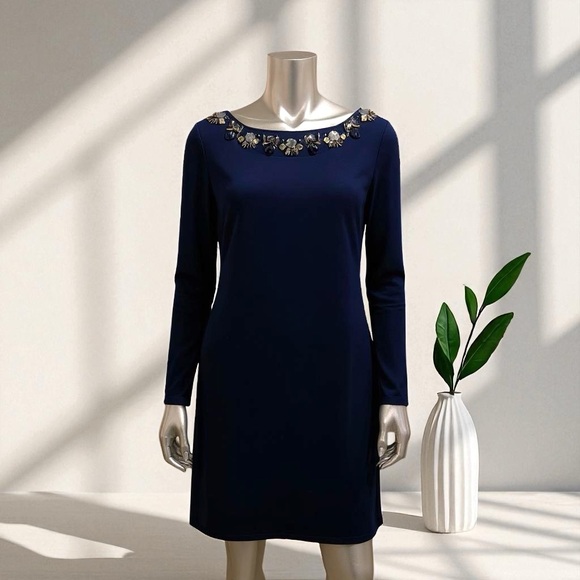 Vince Camuto Blue Embellished Beaded  Long Sleeve Shift Dress 12 - Picture 1 of 6